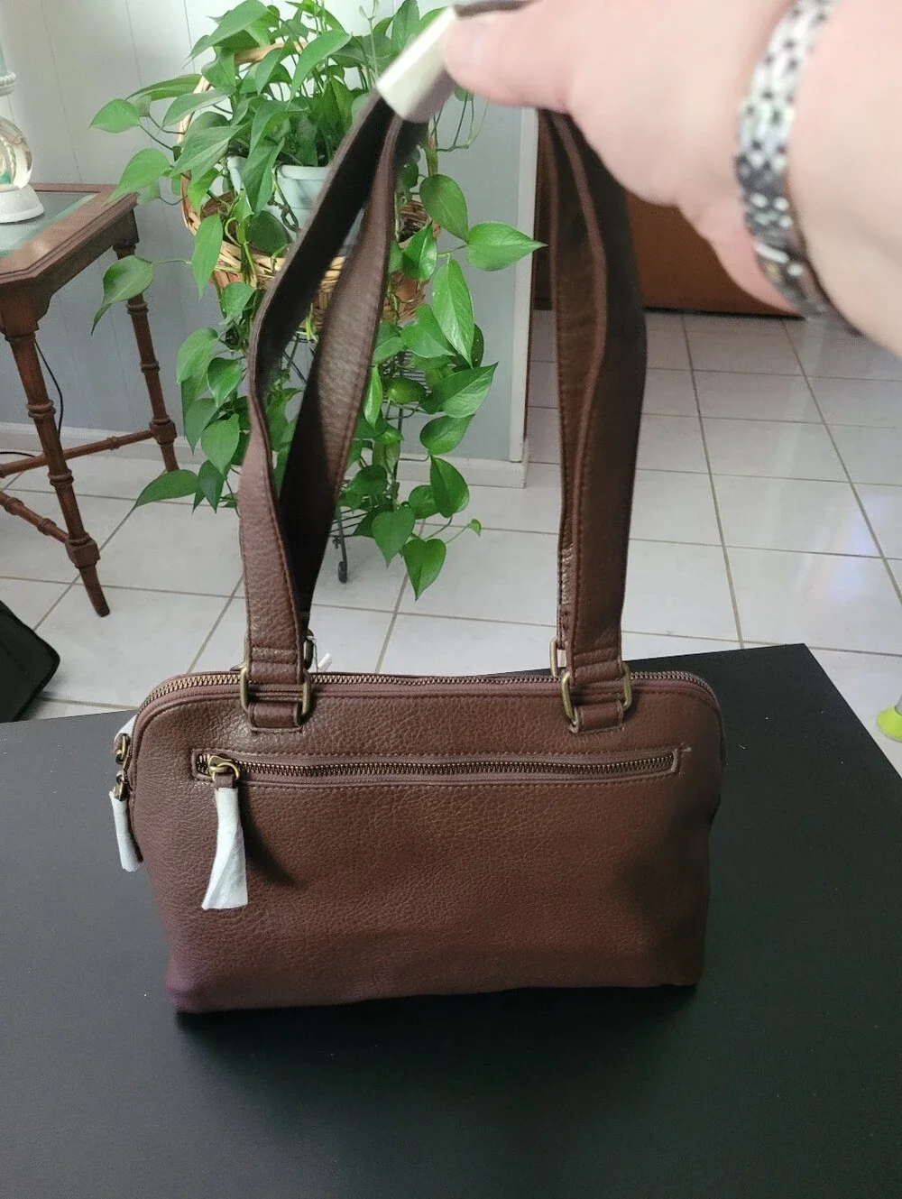White Mountain Chocolate Brown Pebbled Leather Satchel Handbag